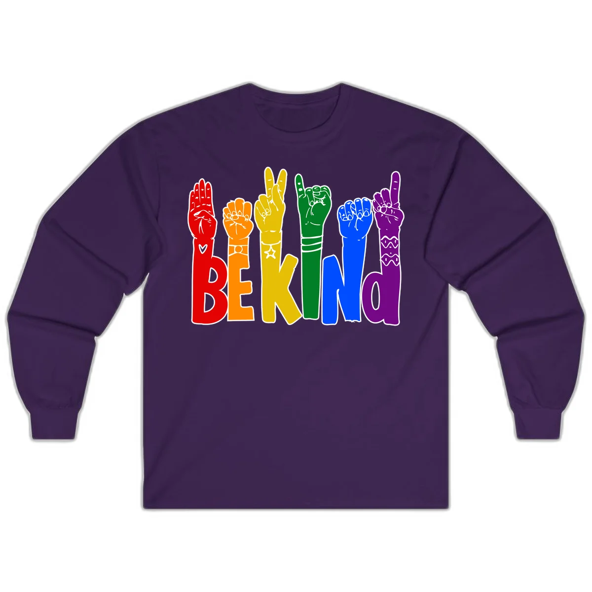 Six colorful raised fists in rainbow colors with 'BE KIND' text, promoting pride, equality, and inclusive messaging in Purple