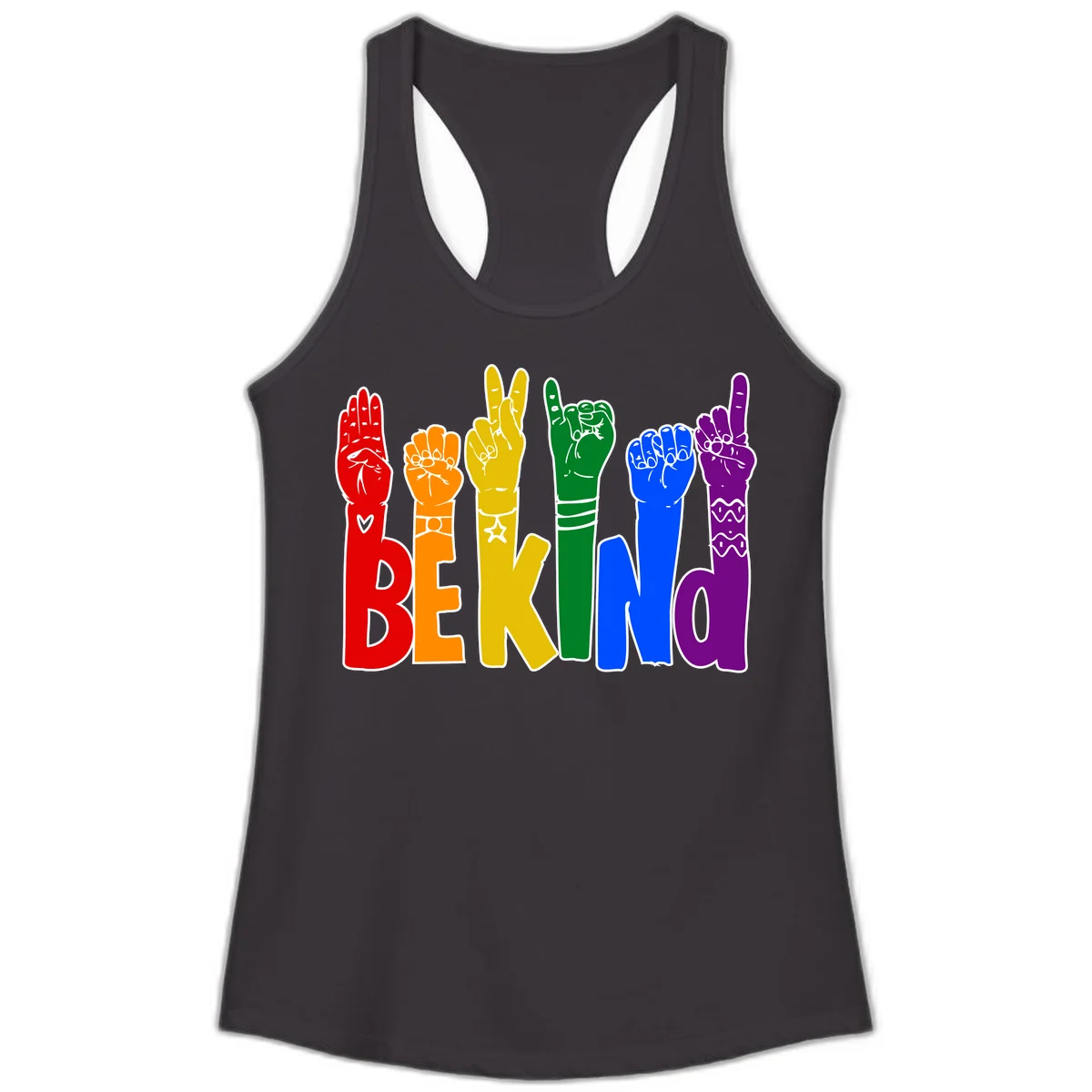 Six colorful raised fists in rainbow colors with 'BE KIND' text, promoting pride, equality, and inclusive messaging in Black