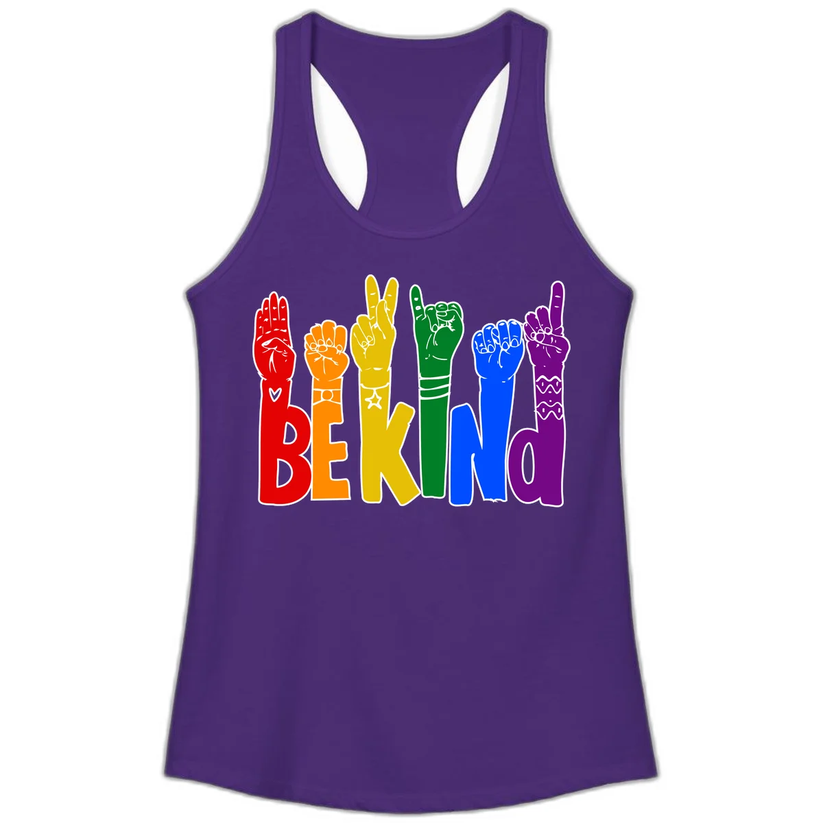 Six colorful raised fists in rainbow colors with 'BE KIND' text, promoting pride, equality, and inclusive messaging in Solid Purple Rush