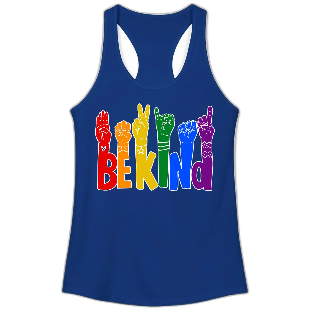 Six colorful raised fists in rainbow colors with 'BE KIND' text, promoting pride, equality, and inclusive messaging in Solid Royal