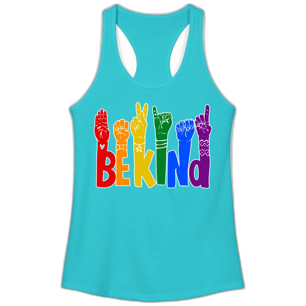 Six colorful raised fists in rainbow colors with 'BE KIND' text, promoting pride, equality, and inclusive messaging in Solid Tahiti Blue