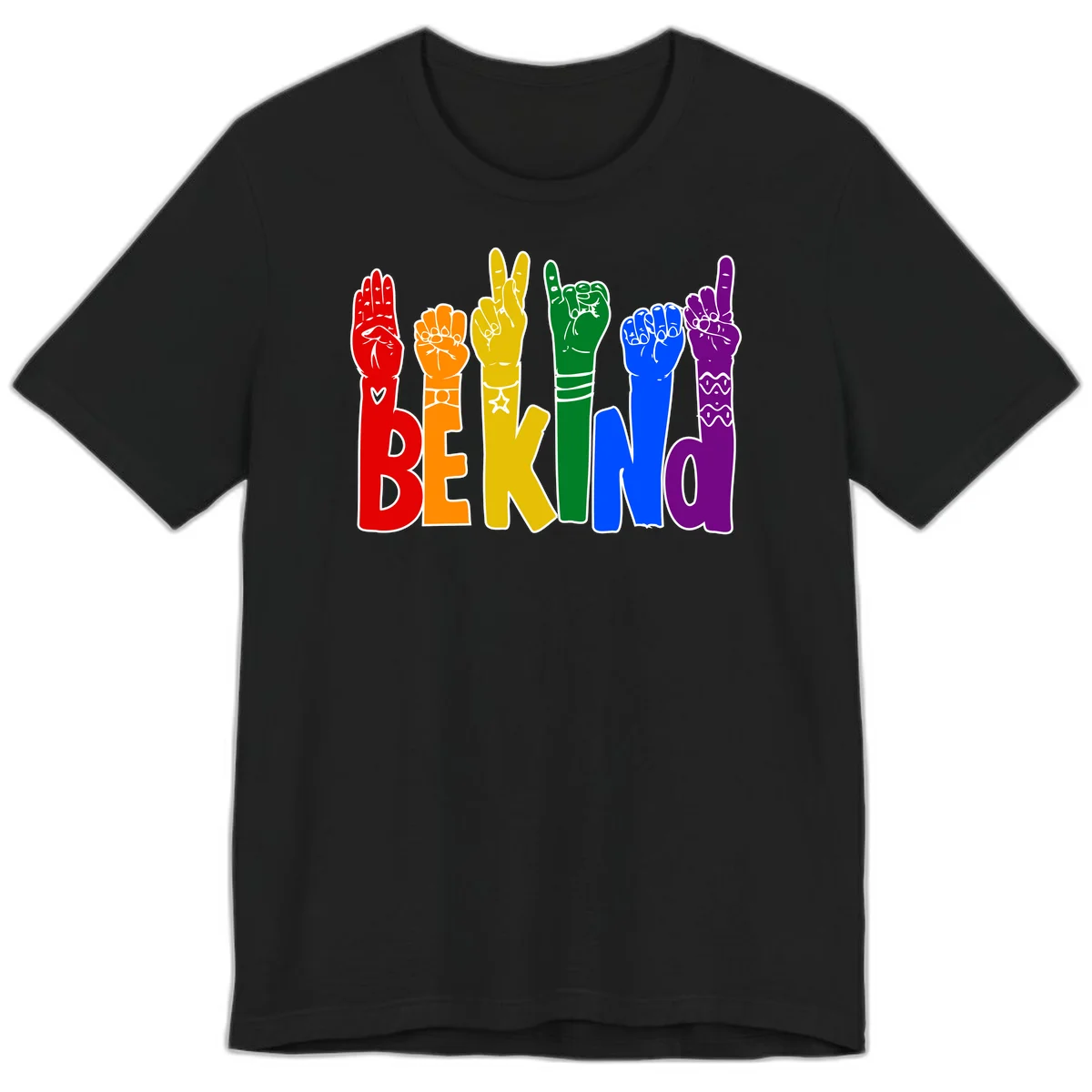 Six colorful raised fists in rainbow colors with 'BE KIND' text, promoting pride, equality, and inclusive messaging in Black