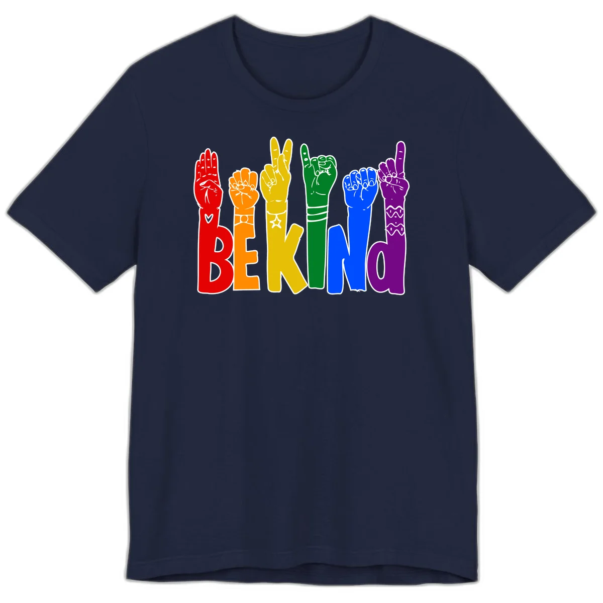 Six colorful raised fists in rainbow colors with 'BE KIND' text, promoting pride, equality, and inclusive messaging in Navy