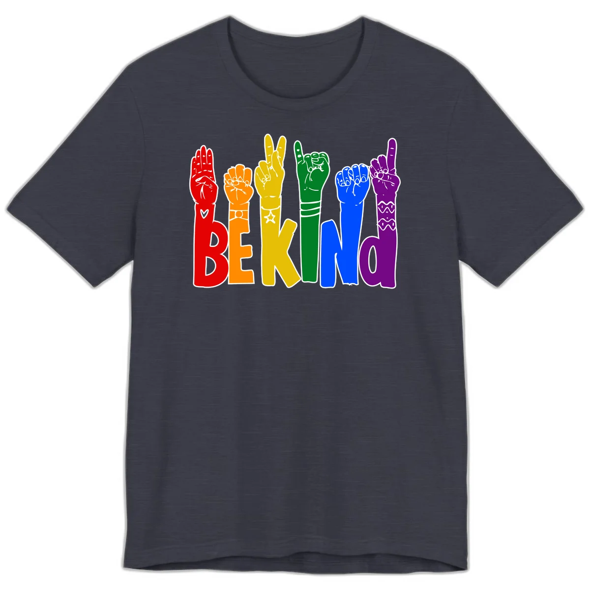 Six colorful raised fists in rainbow colors with 'BE KIND' text, promoting pride, equality, and inclusive messaging in Heather Midnight Navy