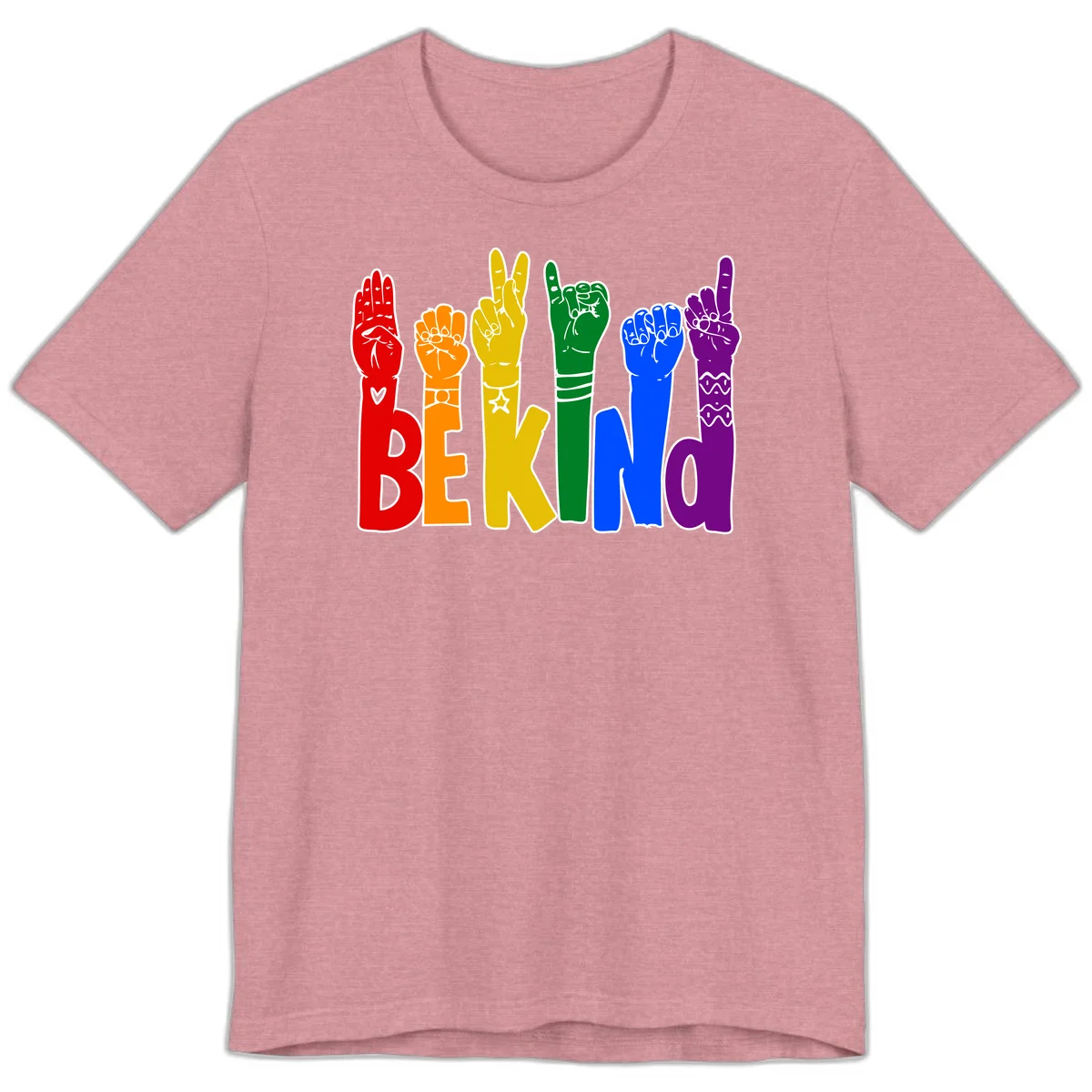 Six colorful raised fists in rainbow colors with 'BE KIND' text, promoting pride, equality, and inclusive messaging in Heather Orchid