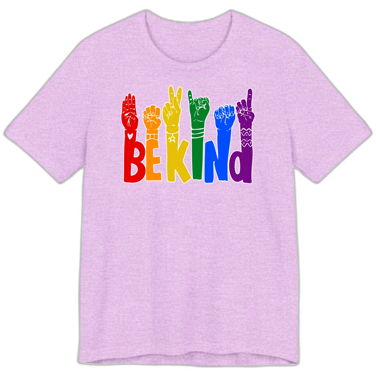 Six colorful raised fists in rainbow colors with 'BE KIND' text, promoting pride, equality, and inclusive messaging in Heather Prism Lilac