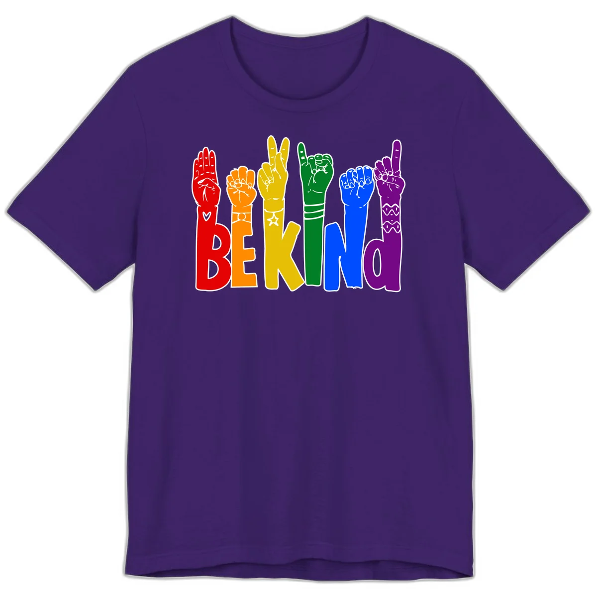 Six colorful raised fists in rainbow colors with 'BE KIND' text, promoting pride, equality, and inclusive messaging in Team Purple