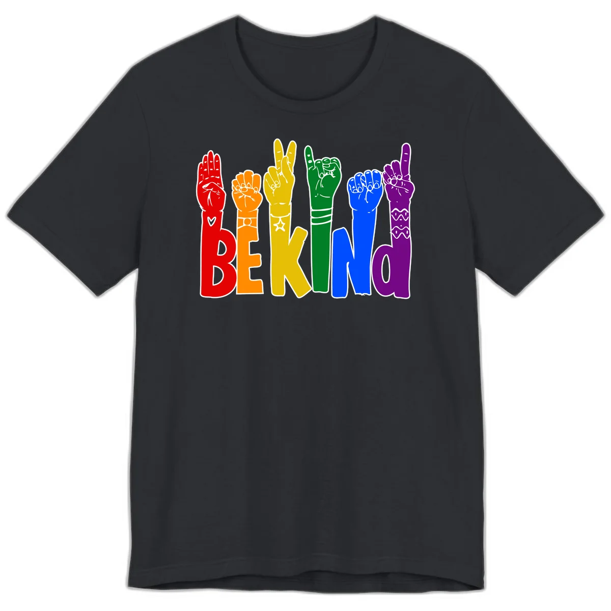 Six colorful raised fists in rainbow colors with 'BE KIND' text, promoting pride, equality, and inclusive messaging in Vintage Black