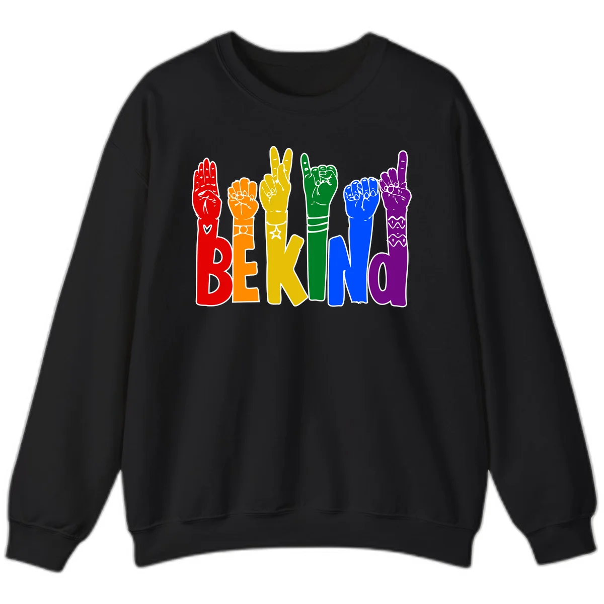 Six colorful raised fists in rainbow colors with 'BE KIND' text, promoting pride, equality, and inclusive messaging in Black