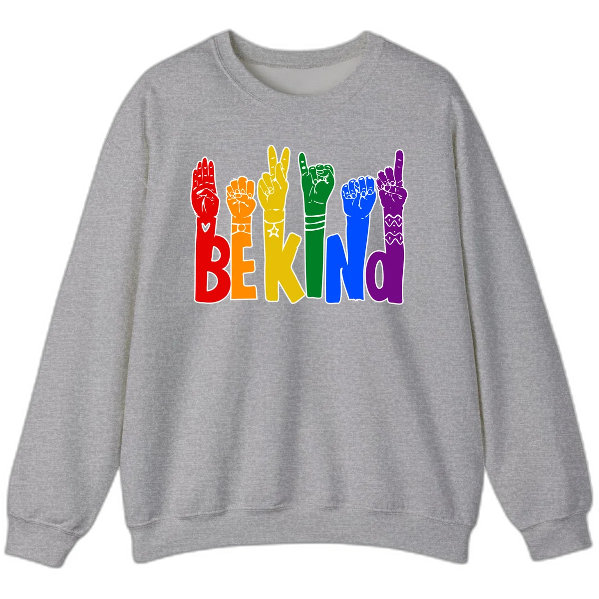 Six colorful raised fists in rainbow colors with 'BE KIND' text, promoting pride, equality, and inclusive messaging in Sport Grey