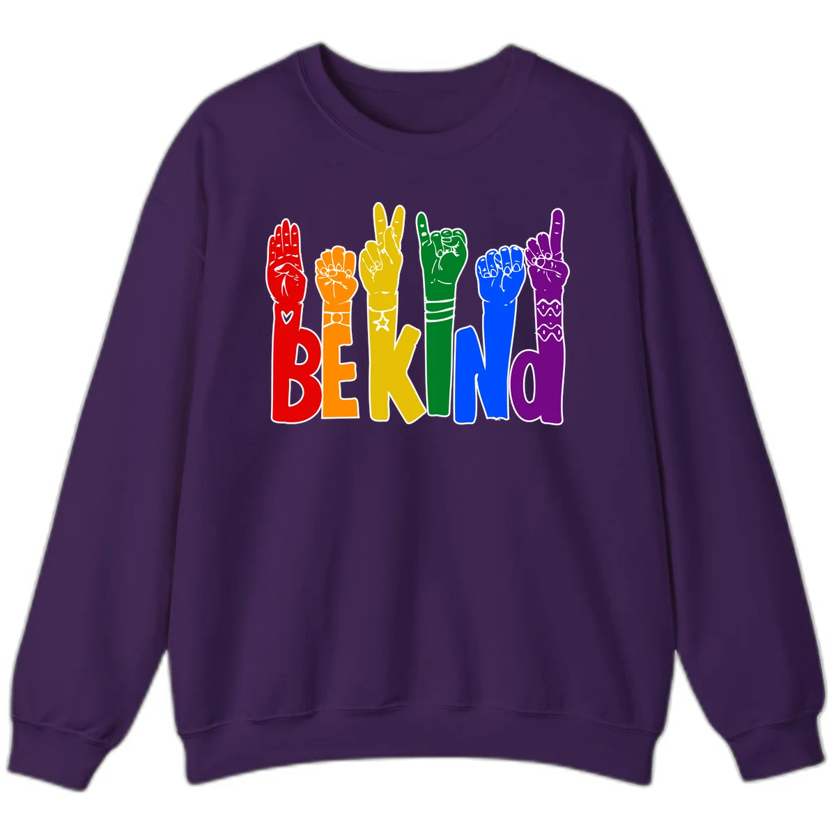 Six colorful raised fists in rainbow colors with 'BE KIND' text, promoting pride, equality, and inclusive messaging in Purple