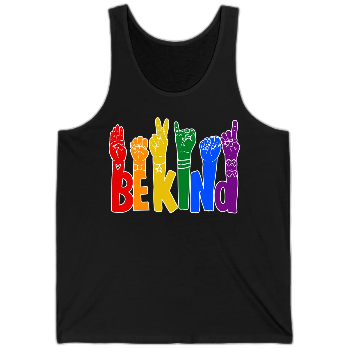 Six colorful raised fists in rainbow colors with 'BE KIND' text, promoting pride, equality, and inclusive messaging in Black