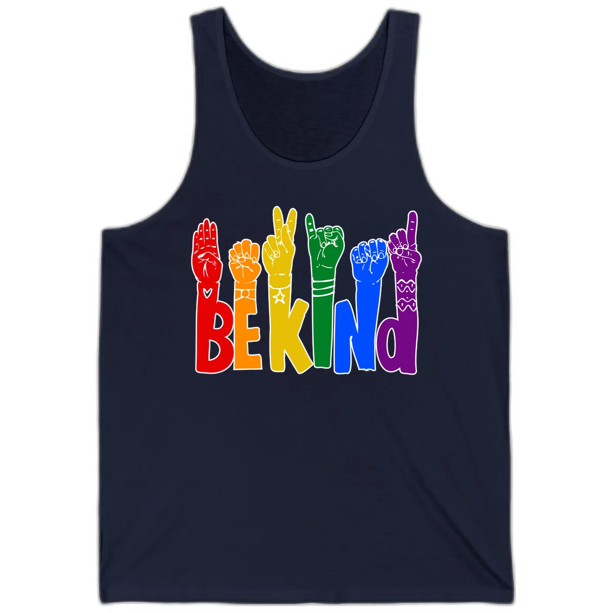 Six colorful raised fists in rainbow colors with 'BE KIND' text, promoting pride, equality, and inclusive messaging in Navy