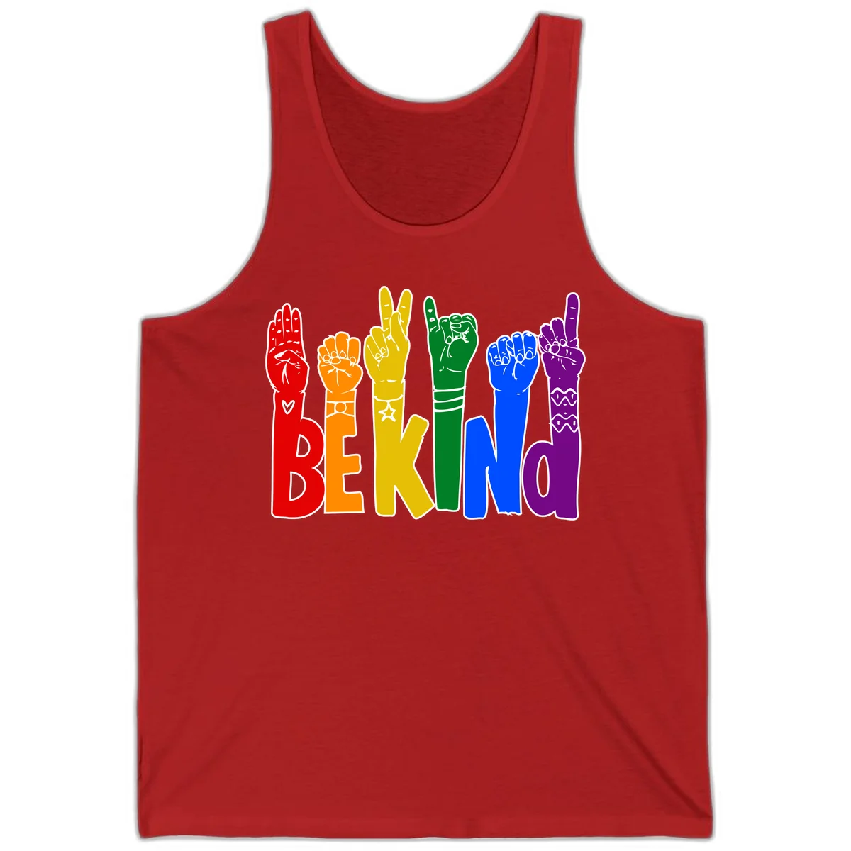 Six colorful raised fists in rainbow colors with 'BE KIND' text, promoting pride, equality, and inclusive messaging in Red