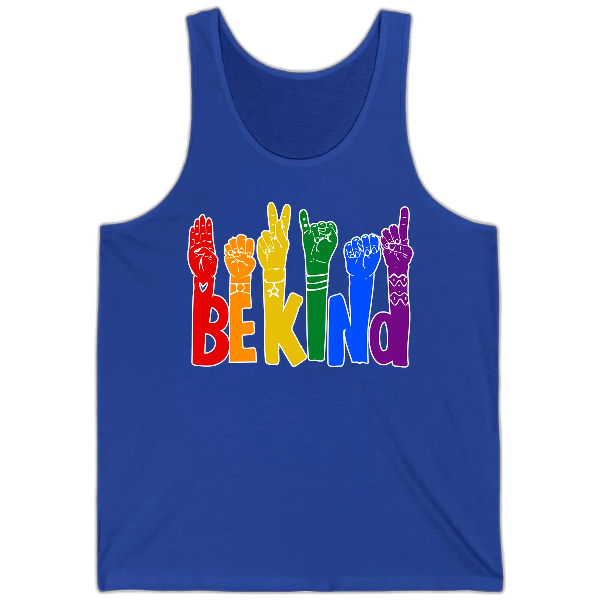 Six colorful raised fists in rainbow colors with 'BE KIND' text, promoting pride, equality, and inclusive messaging in True Royal