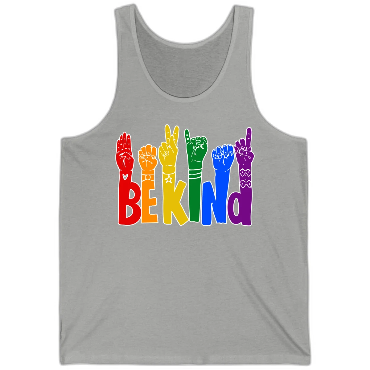 Six colorful raised fists in rainbow colors with 'BE KIND' text, promoting pride, equality, and inclusive messaging in Athletic Heather