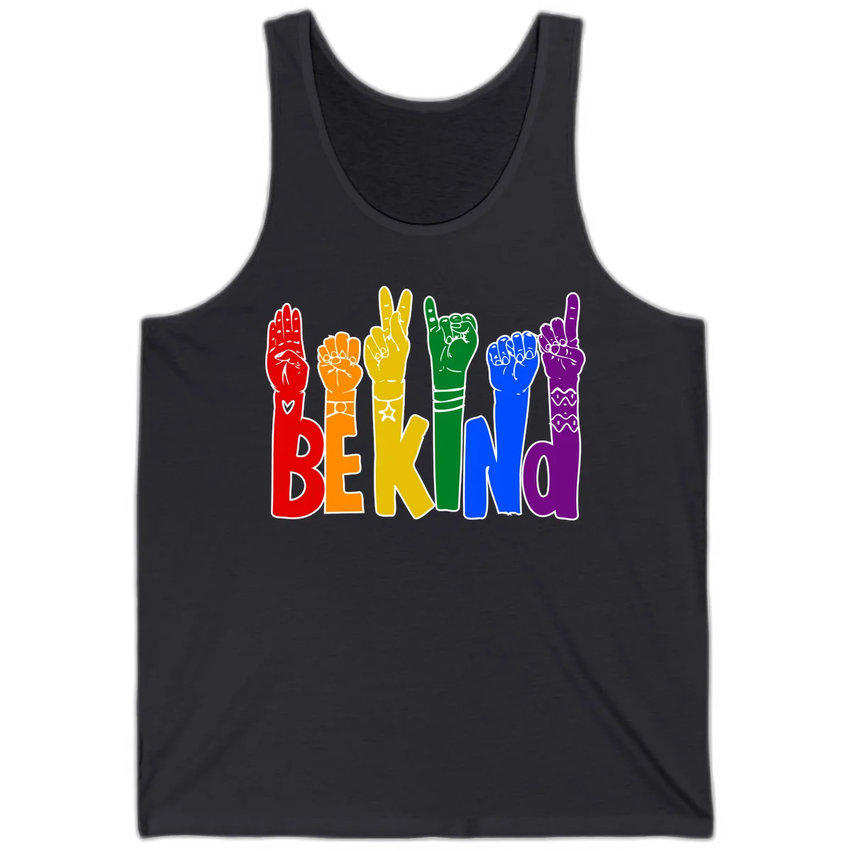 Six colorful raised fists in rainbow colors with 'BE KIND' text, promoting pride, equality, and inclusive messaging in Dark Grey