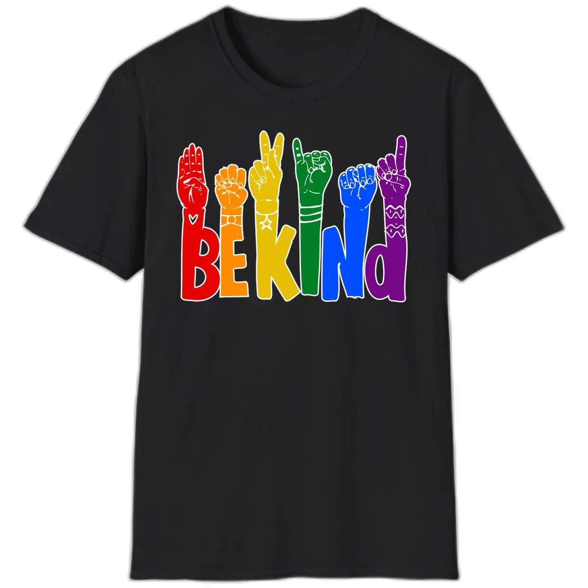 Six colorful raised fists in rainbow colors with 'BE KIND' text, promoting pride, equality, and inclusive messaging in Black