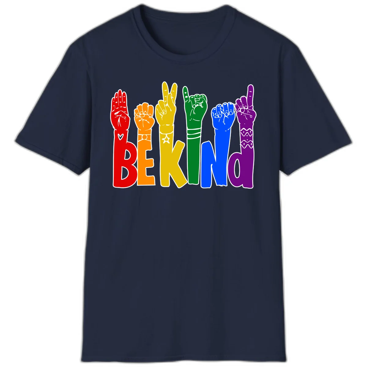 Six colorful raised fists in rainbow colors with 'BE KIND' text, promoting pride, equality, and inclusive messaging in Navy