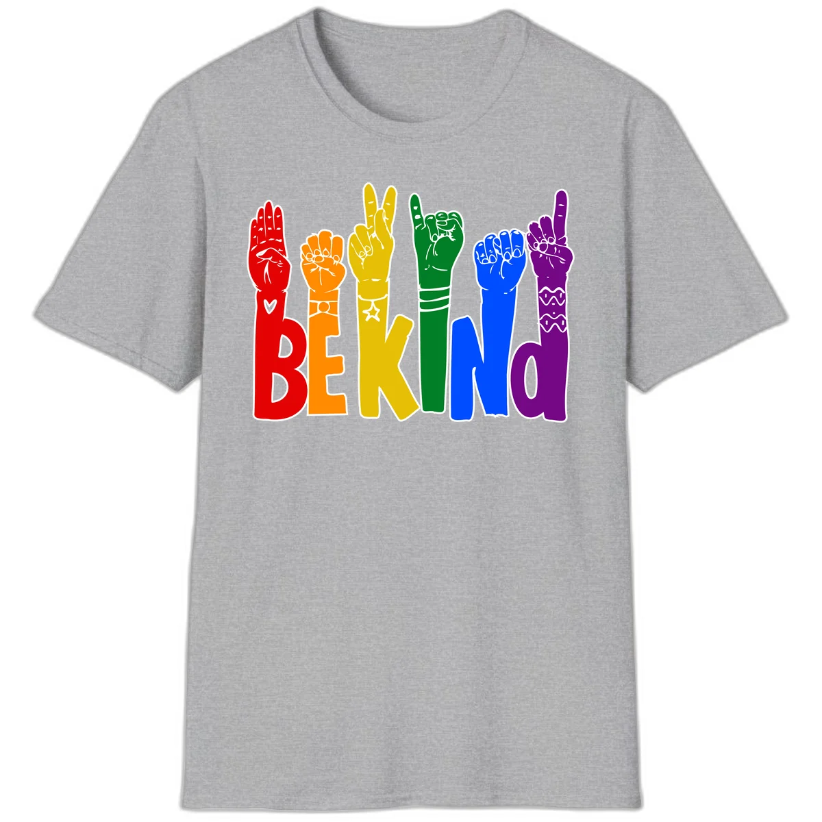 Six colorful raised fists in rainbow colors with 'BE KIND' text, promoting pride, equality, and inclusive messaging in Sport Grey