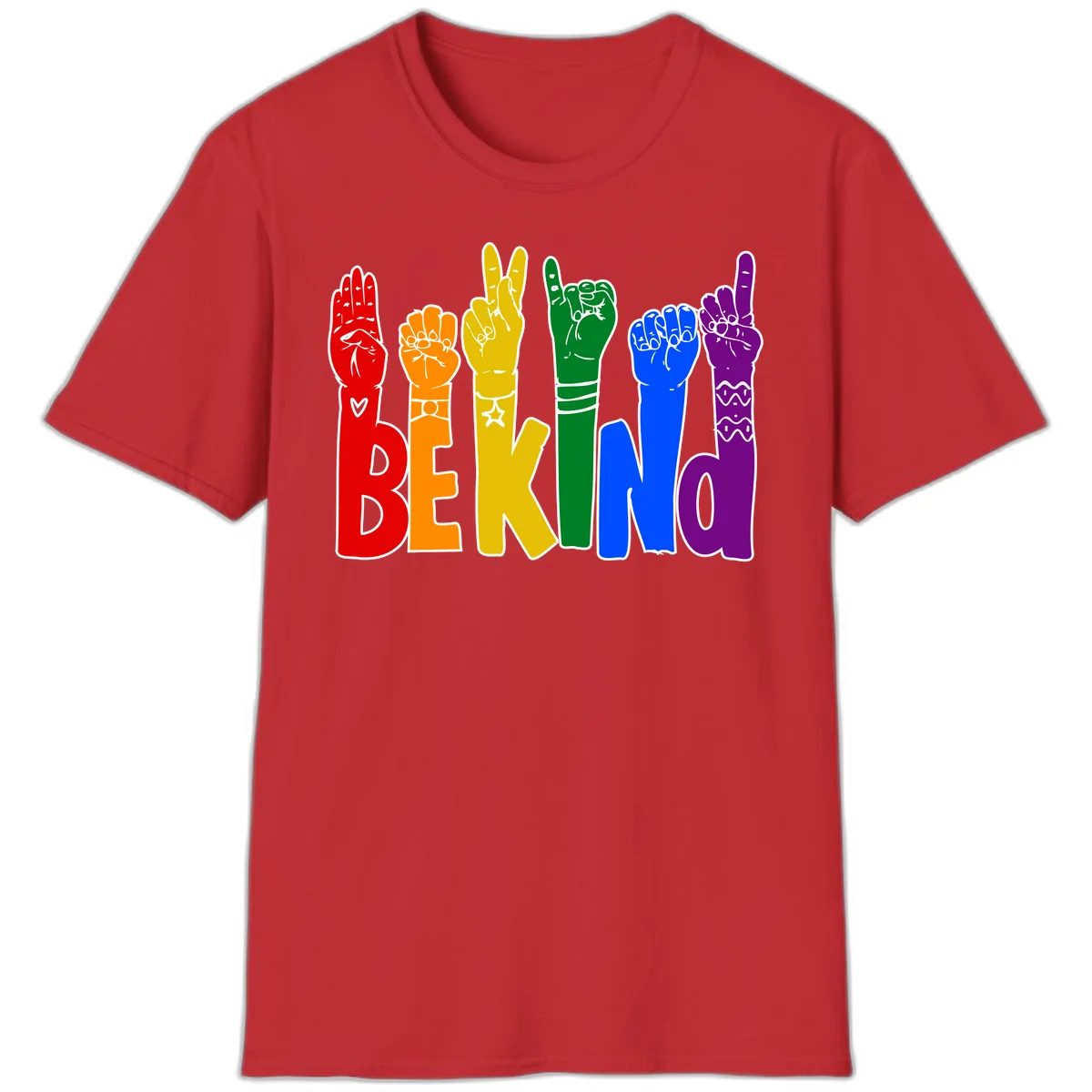 Six colorful raised fists in rainbow colors with 'BE KIND' text, promoting pride, equality, and inclusive messaging in Red