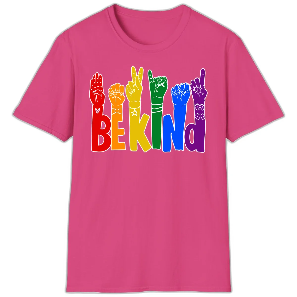 Six colorful raised fists in rainbow colors with 'BE KIND' text, promoting pride, equality, and inclusive messaging in Heliconia