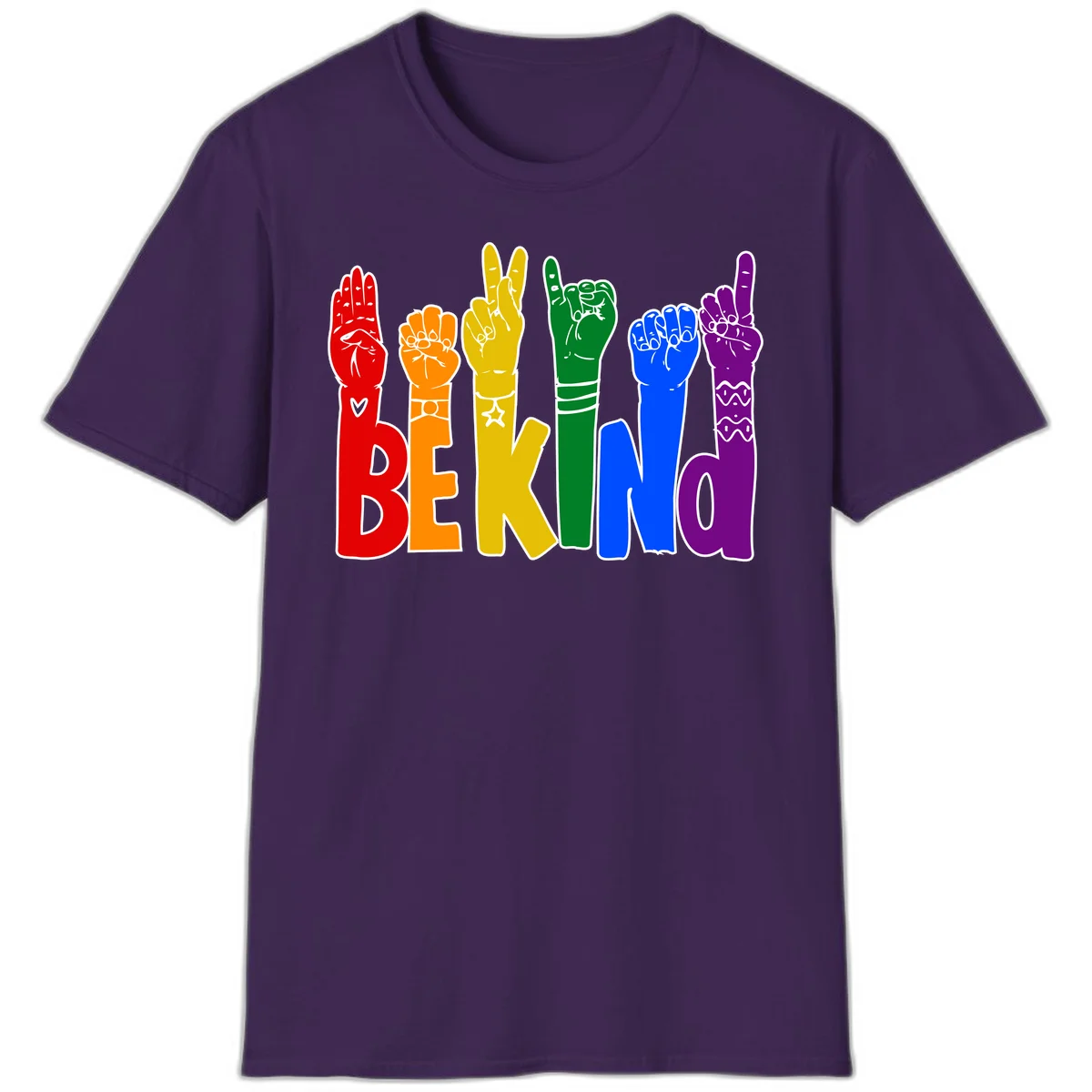Six colorful raised fists in rainbow colors with 'BE KIND' text, promoting pride, equality, and inclusive messaging in Purple