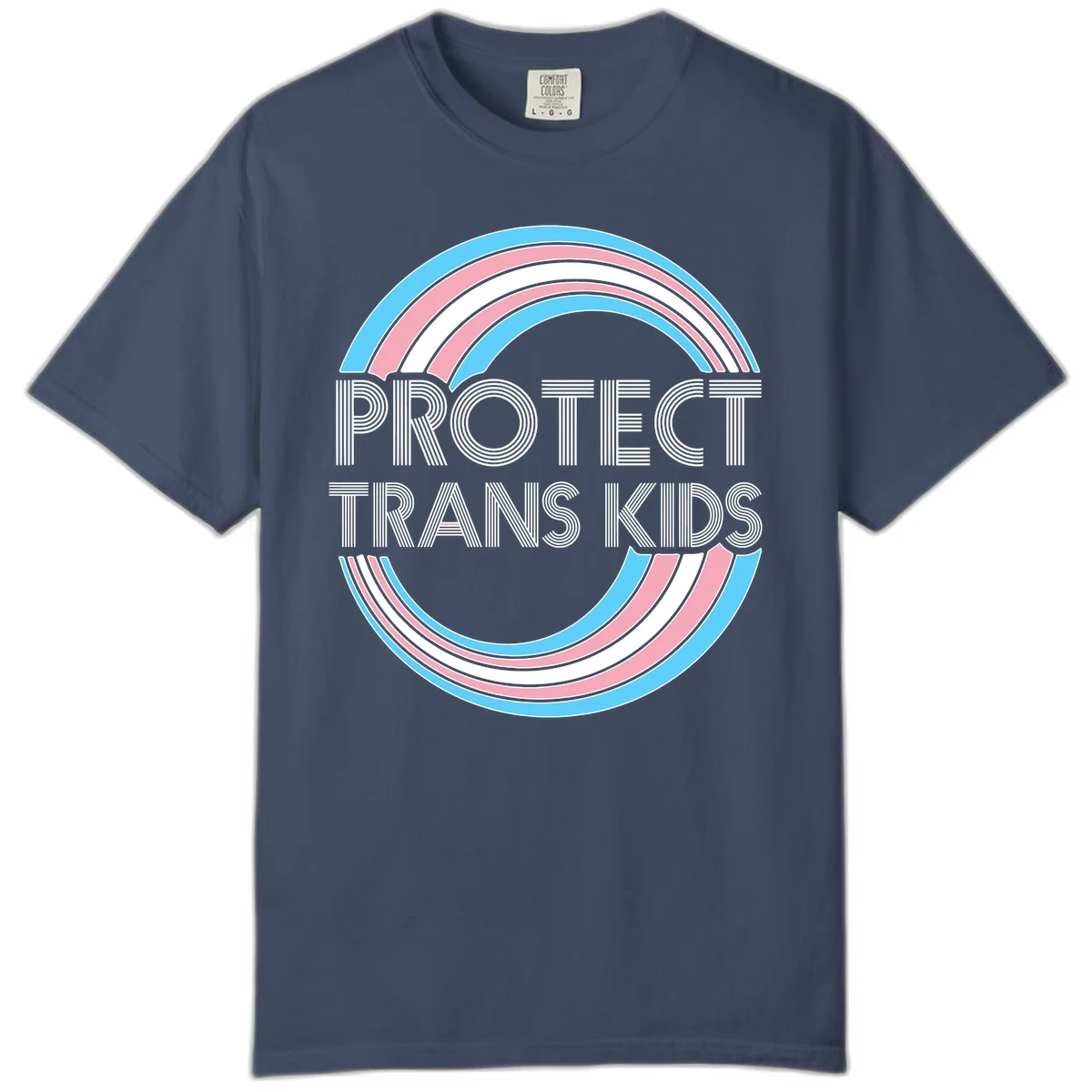 Protect trans kids pride design with blue, pink, and white rainbow circles and striped lettering in Midnight