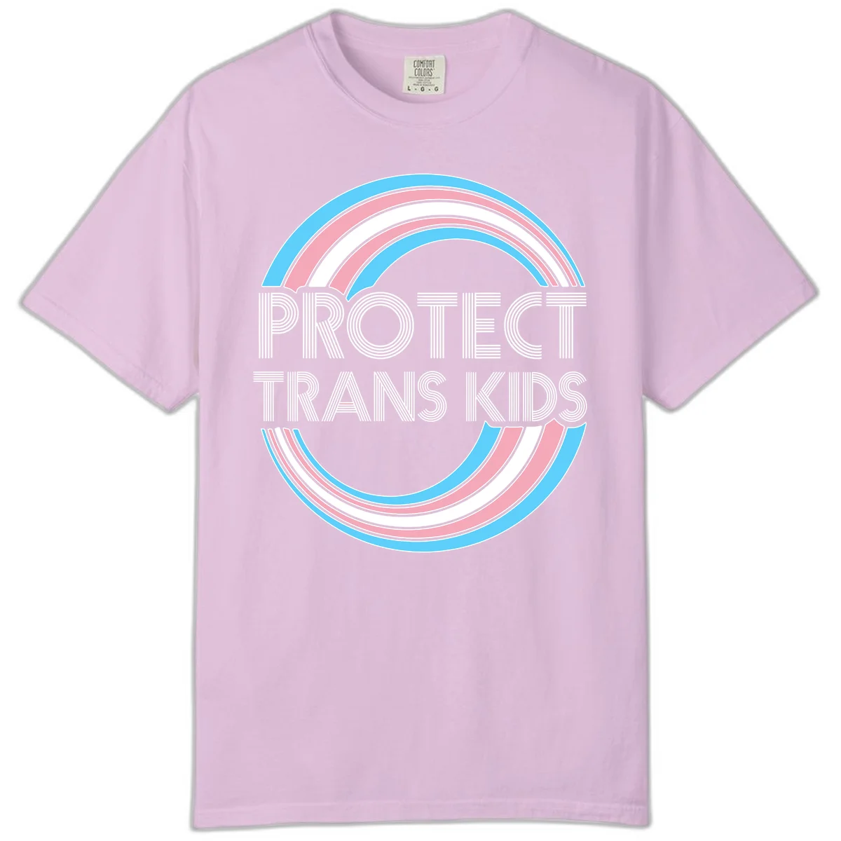 Protect trans kids pride design with blue, pink, and white rainbow circles and striped lettering in Orchid