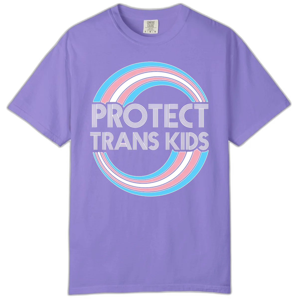 Protect trans kids pride design with blue, pink, and white rainbow circles and striped lettering in Violet