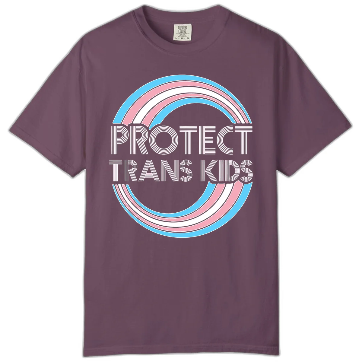 Protect trans kids pride design with blue, pink, and white rainbow circles and striped lettering in Berry
