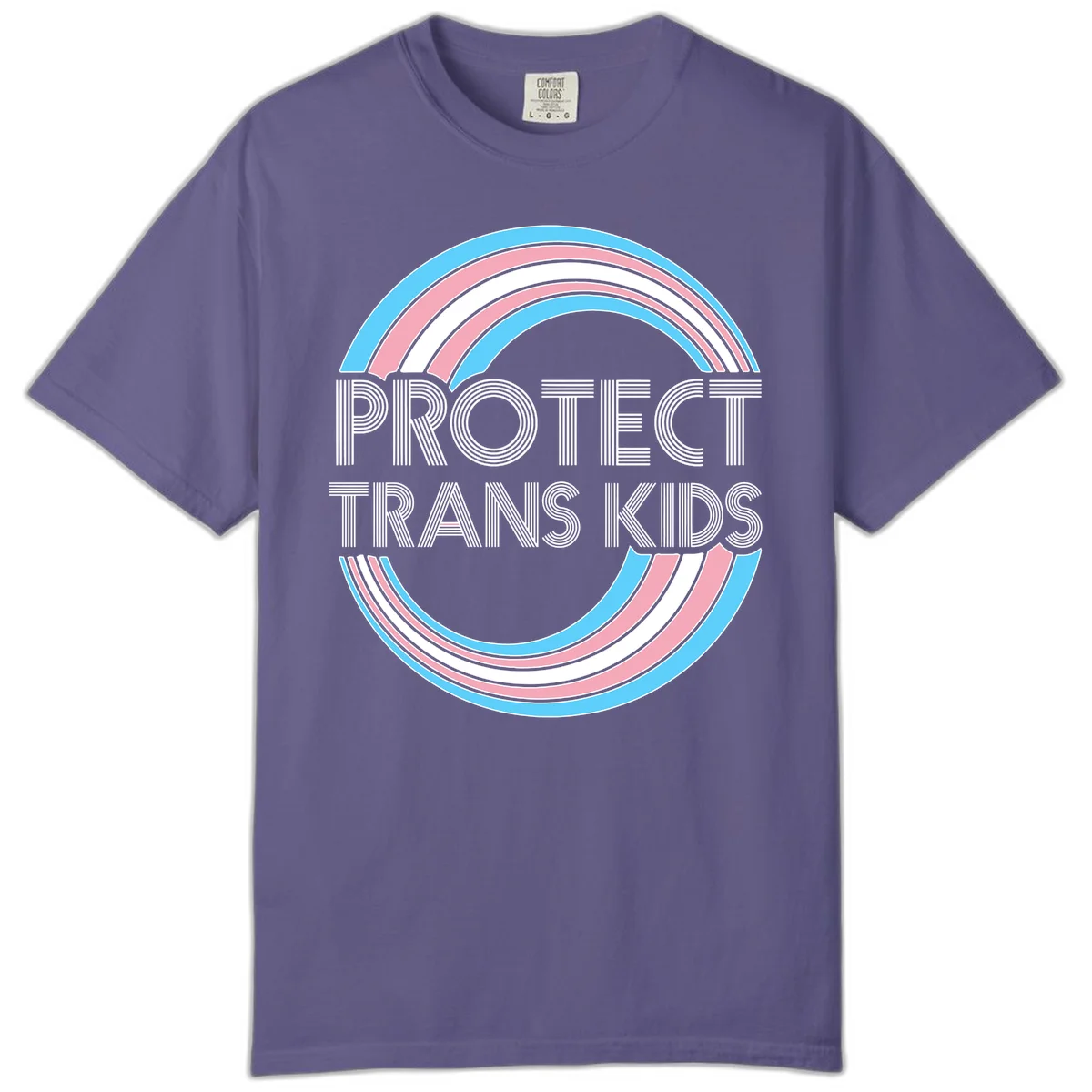 Protect trans kids pride design with blue, pink, and white rainbow circles and striped lettering in Grape