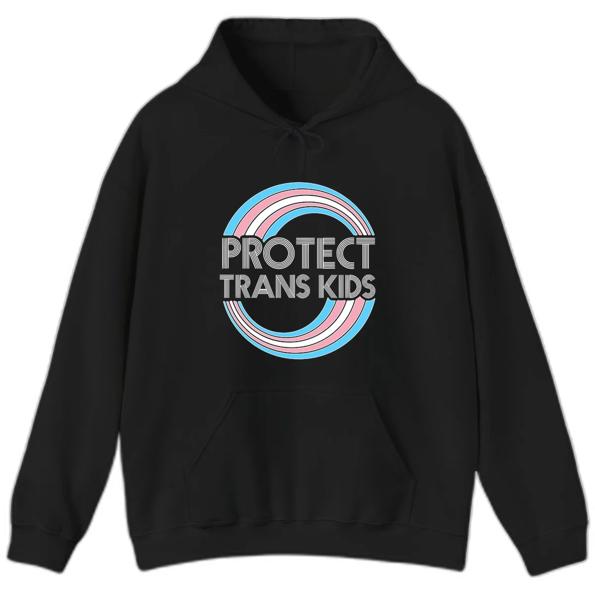 Protect trans kids pride design with blue, pink, and white rainbow circles and striped lettering in Black
