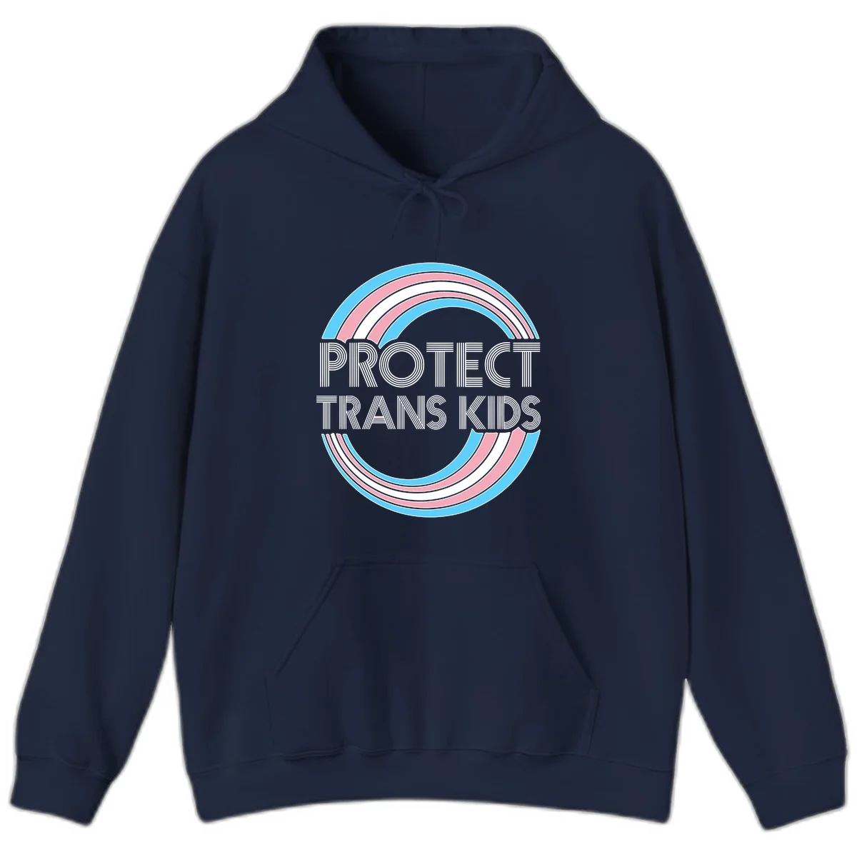 Protect trans kids pride design with blue, pink, and white rainbow circles and striped lettering in Navy