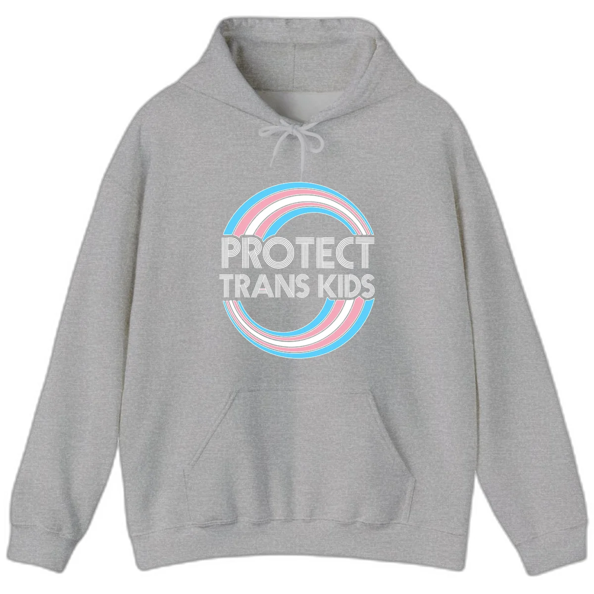 Protect trans kids pride design with blue, pink, and white rainbow circles and striped lettering in Sport Grey