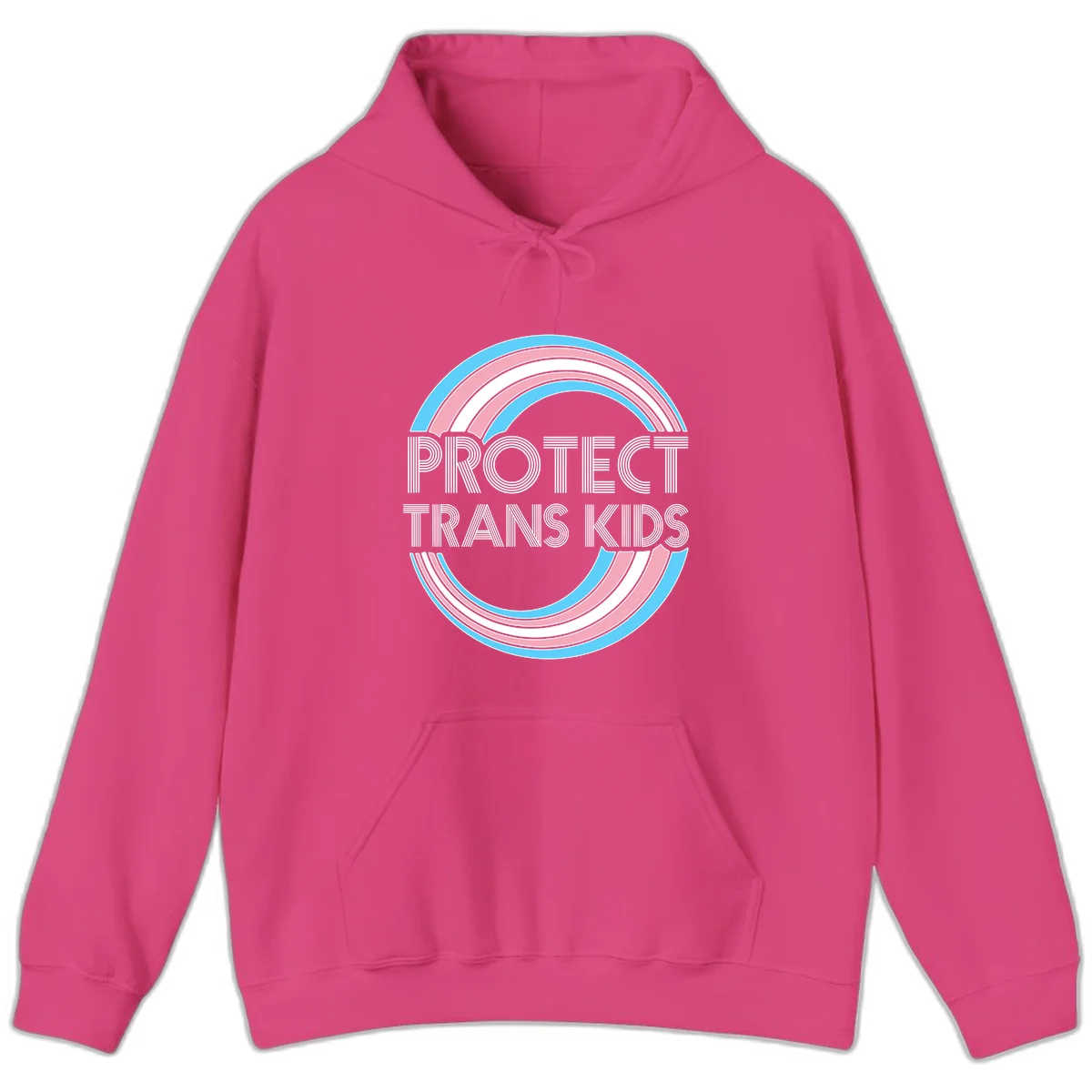 Protect trans kids pride design with blue, pink, and white rainbow circles and striped lettering in Heliconia