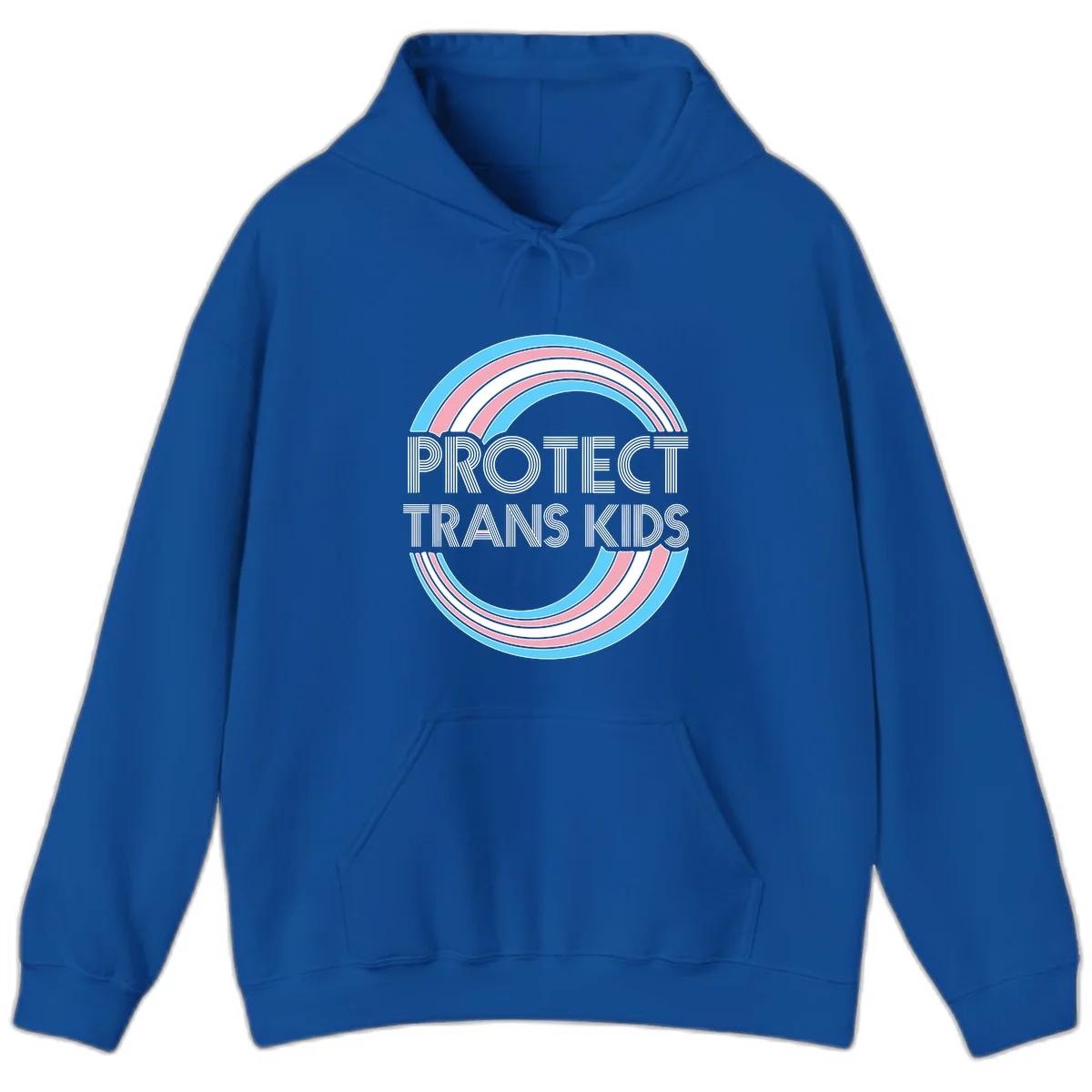 Protect trans kids pride design with blue, pink, and white rainbow circles and striped lettering in Royal