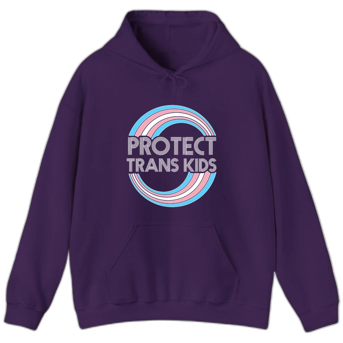 Protect trans kids pride design with blue, pink, and white rainbow circles and striped lettering in Purple