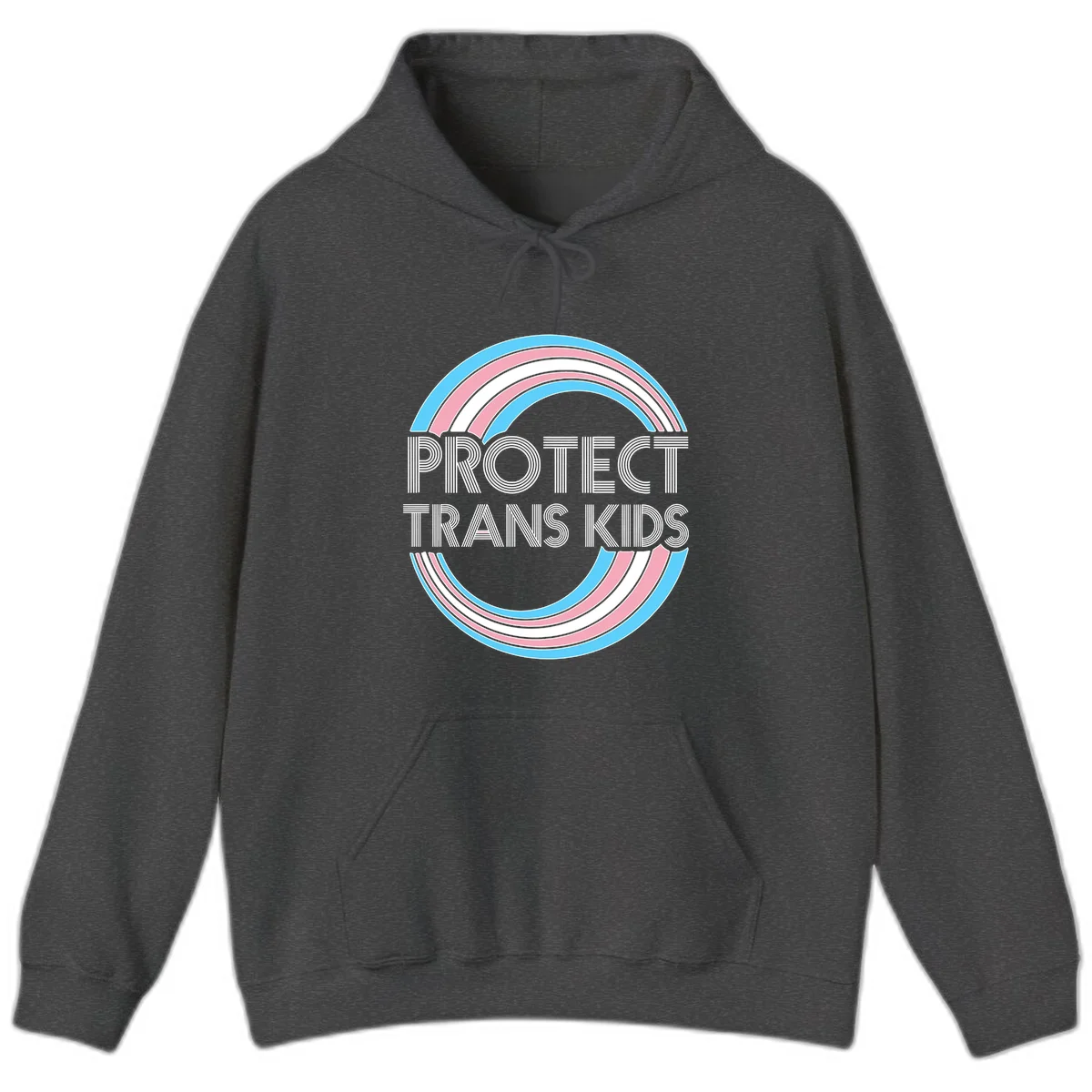 Protect trans kids pride design with blue, pink, and white rainbow circles and striped lettering in Dark Heather