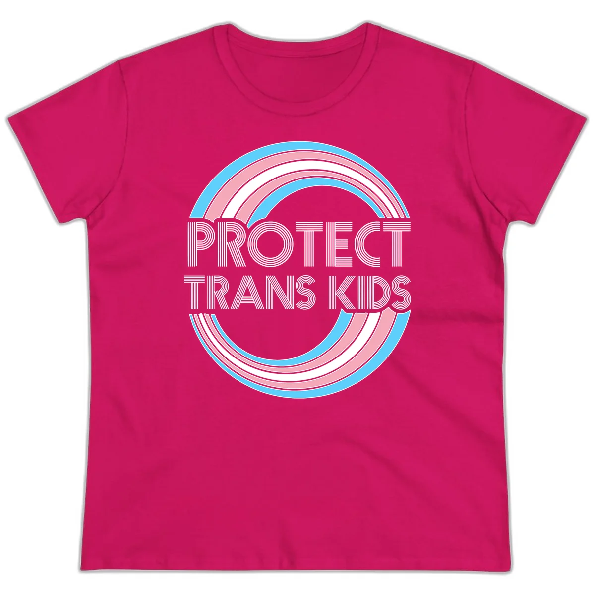 Protect trans kids pride design with blue, pink, and white rainbow circles and striped lettering in Heliconia