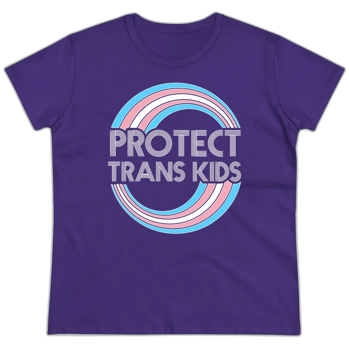Protect trans kids pride design with blue, pink, and white rainbow circles and striped lettering in Purple