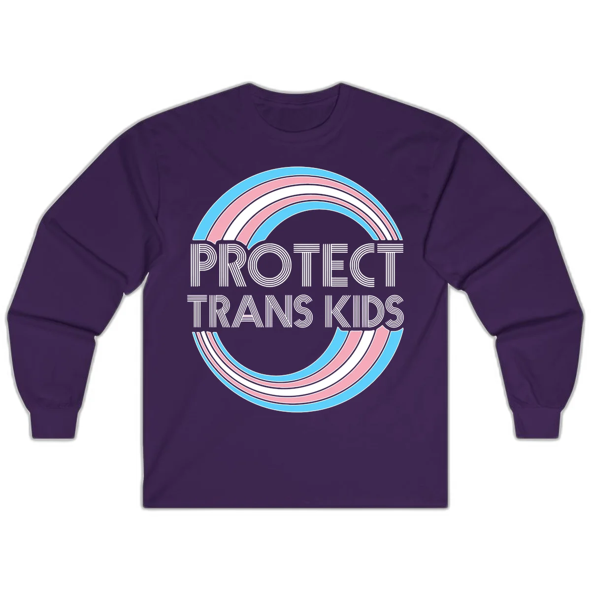 Protect trans kids pride design with blue, pink, and white rainbow circles and striped lettering in Purple