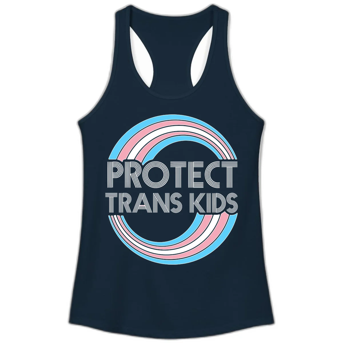 Protect trans kids pride design with blue, pink, and white rainbow circles and striped lettering in Solid Midnight Navy