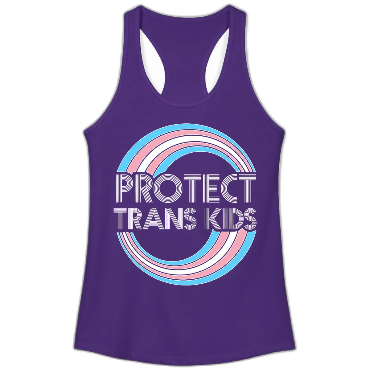 Protect trans kids pride design with blue, pink, and white rainbow circles and striped lettering in Solid Purple Rush