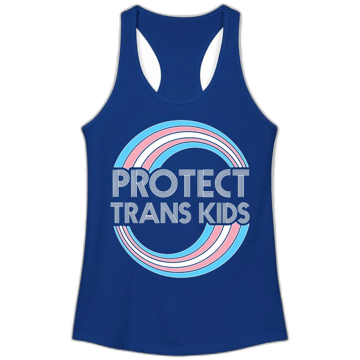 Protect trans kids pride design with blue, pink, and white rainbow circles and striped lettering in Solid Royal