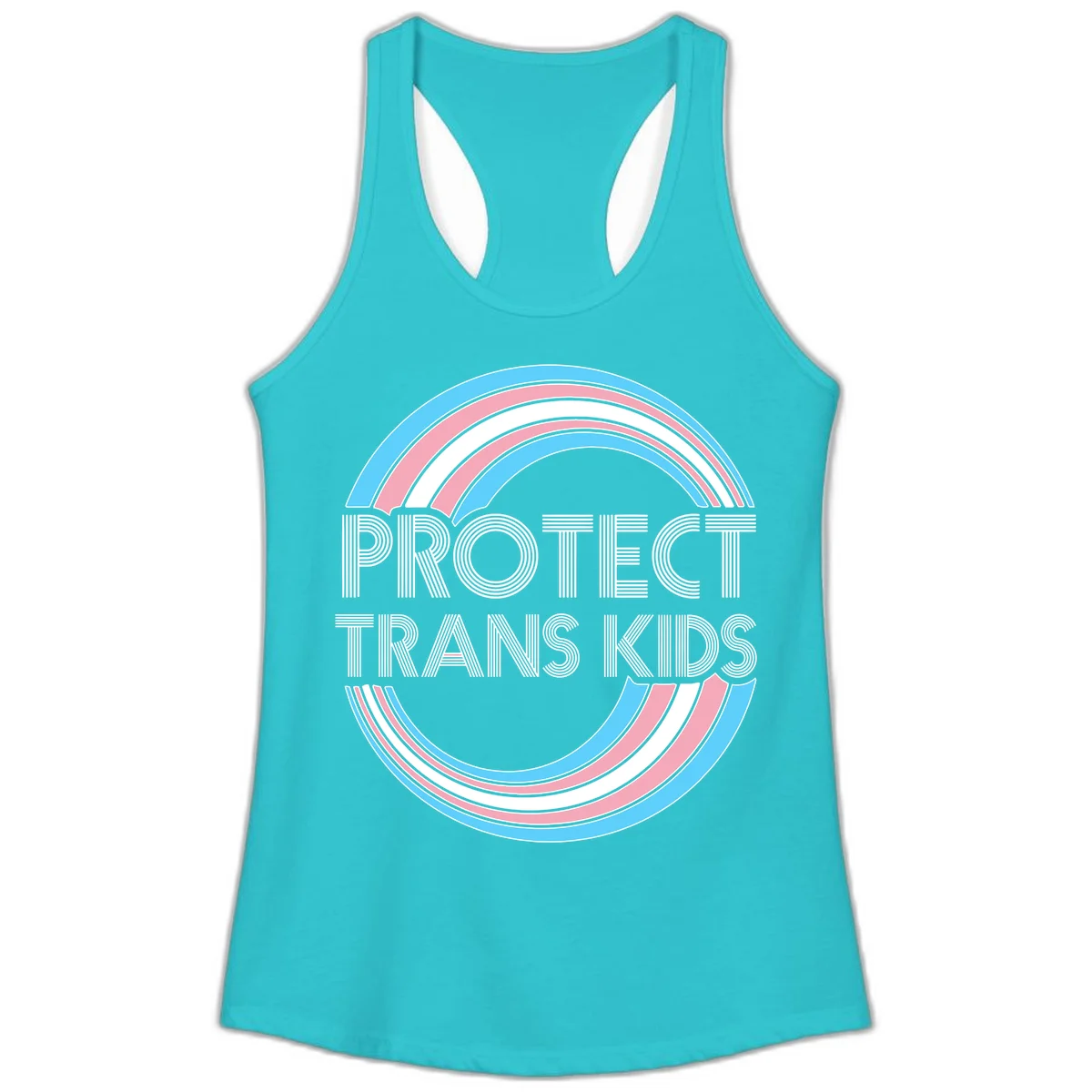 Protect trans kids pride design with blue, pink, and white rainbow circles and striped lettering in Solid Tahiti Blue