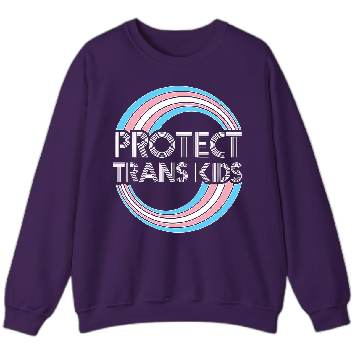 Protect trans kids pride design with blue, pink, and white rainbow circles and striped lettering in Purple