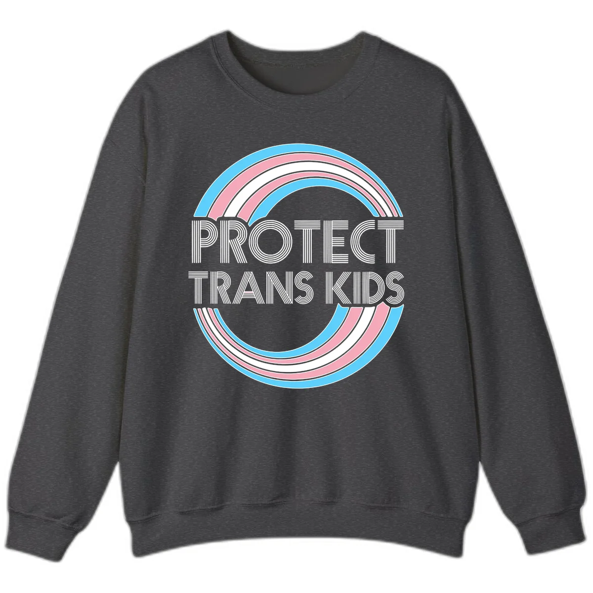 Protect trans kids pride design with blue, pink, and white rainbow circles and striped lettering in Dark Heather