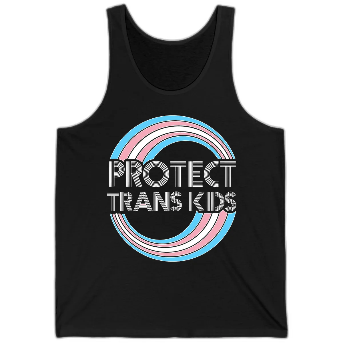 Protect trans kids pride design with blue, pink, and white rainbow circles and striped lettering in Black