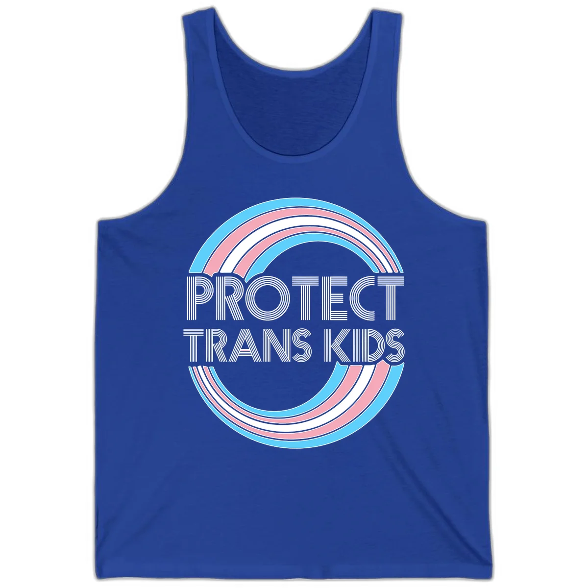 Protect trans kids pride design with blue, pink, and white rainbow circles and striped lettering in True Royal